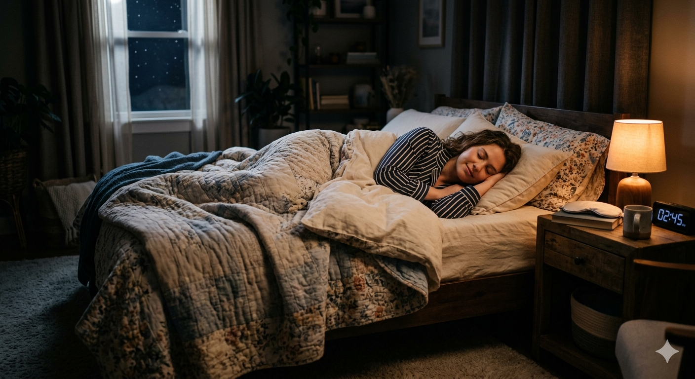 Woman sleeping peacefully in a cozy bedroom at night